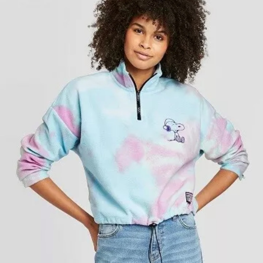 NWT Women's Peanuts Tie-Dye 1/4 Zip Fleece Sweatshirt (Juniors') -Blue M